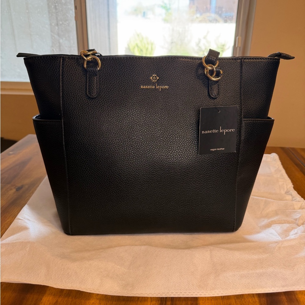 NWT Nanette Lepore Black Chocolate Clio Logo Tote Bag with Baguette w Dust Bag